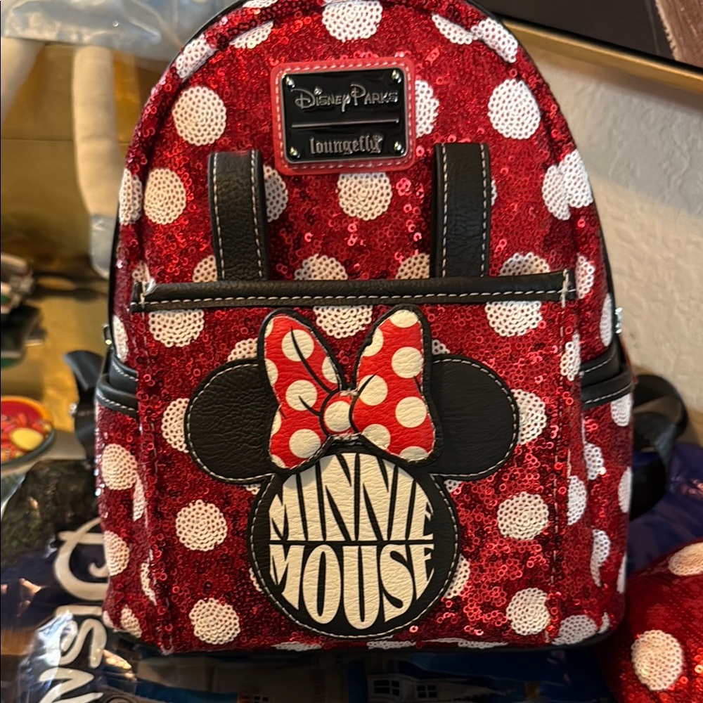Disney Red and White Polka Dot Minnie Sequin Backpack with Bow Headband - Picture 4 of 7